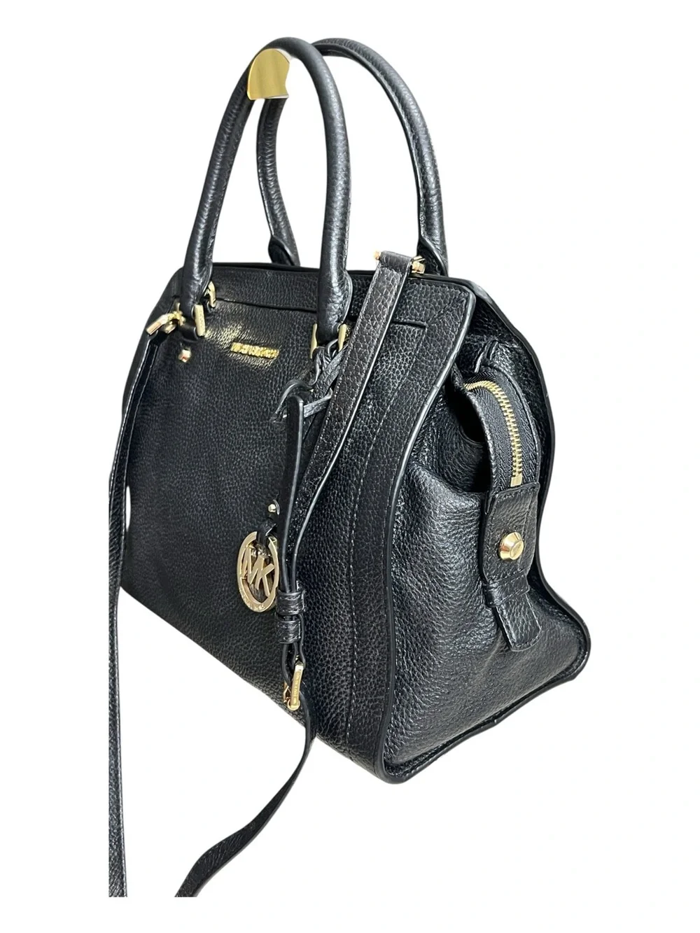 Michael Kors Black Leather Satchel with Gold MK Charm